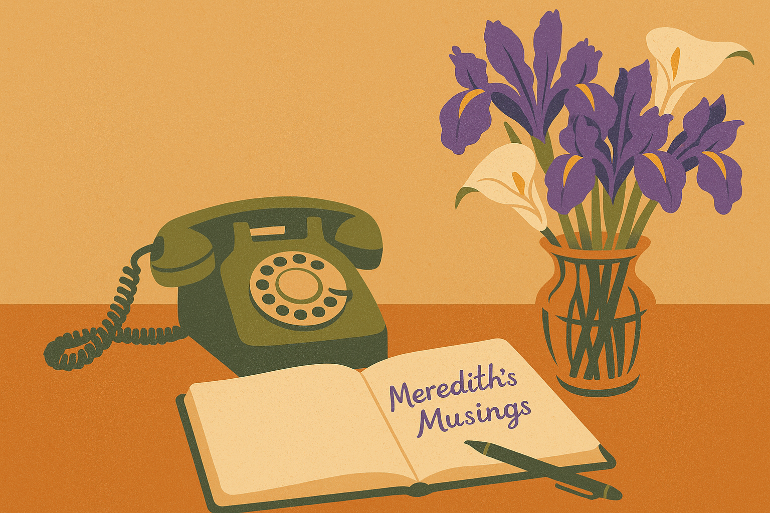 A vintage phone next to an open notebook titled 'Meredith's Musings' and a vase of purple irises and white flowers on a warm orange background.